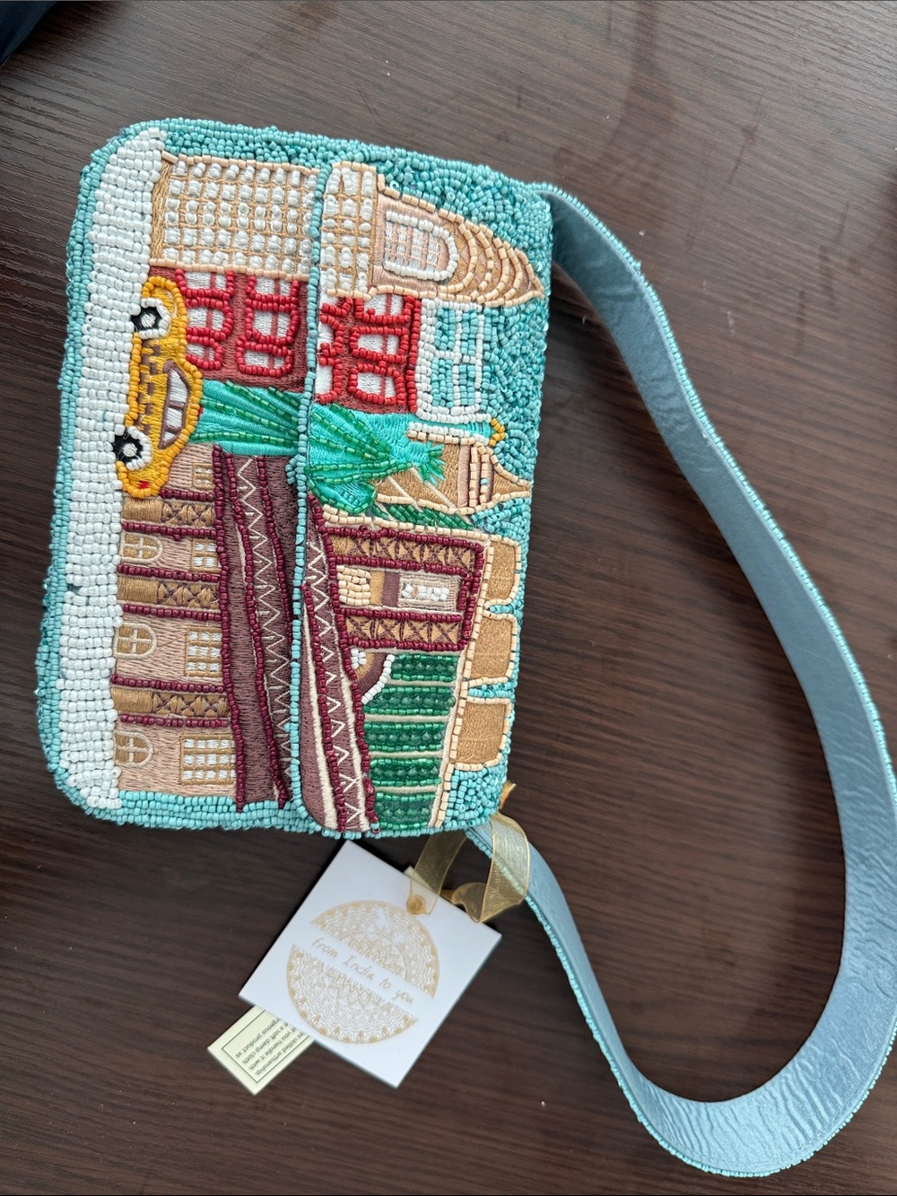 Beaded Cityscape Crossbody Bag - Turquoise